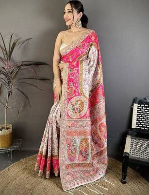 Pink woven design zari silk blend handloom jamdani saree 1