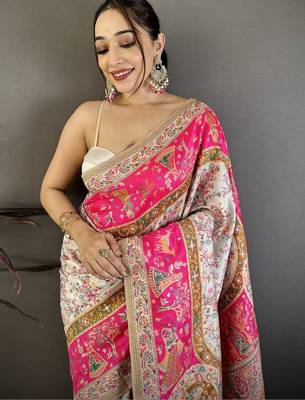 Pink woven design zari silk blend handloom jamdani saree 2