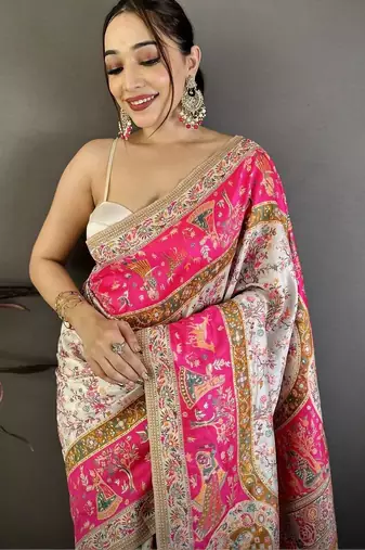 Pink woven design zari silk blend handloom jamdani saree