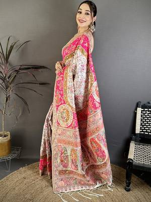Pink woven design zari silk blend handloom jamdani saree 3