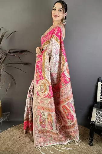Pink woven design zari silk blend handloom jamdani saree