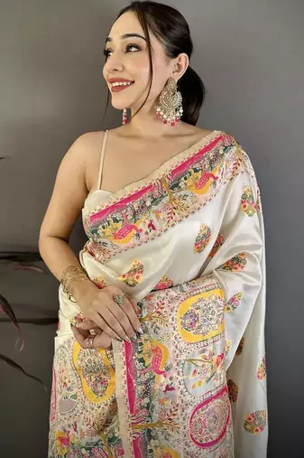 Off white woven design silk blend handloom jamdani saree