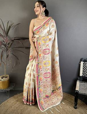 Off white woven design silk blend handloom jamdani saree 2