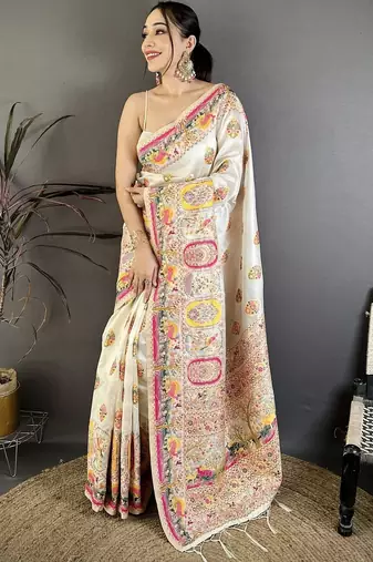Off white woven design silk blend handloom jamdani saree