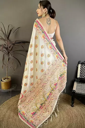 Off white woven design silk blend handloom jamdani saree
