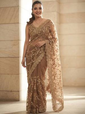 Beige embellished beads & stones satin saree 1
