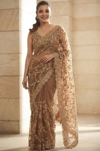Beige embellished beads & stones satin saree