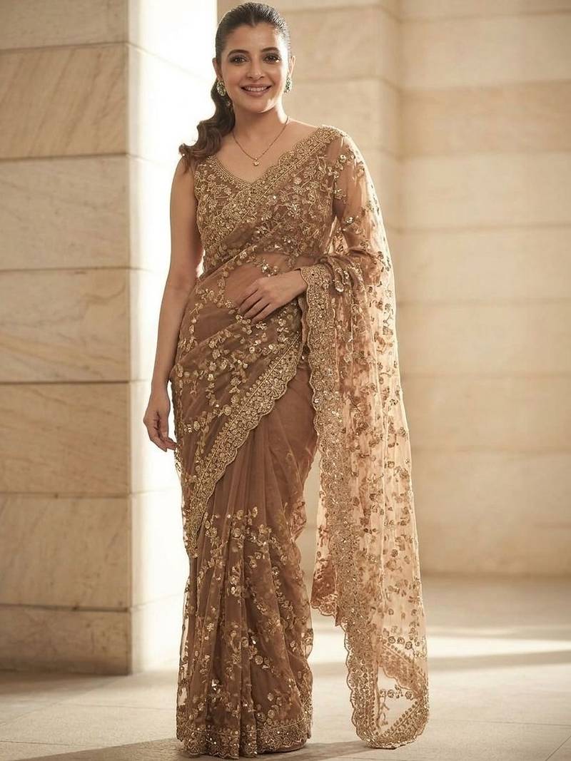 Beige embellished beads & stones satin saree