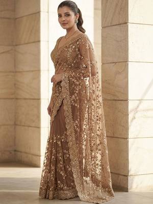 Beige embellished beads & stones satin saree 2