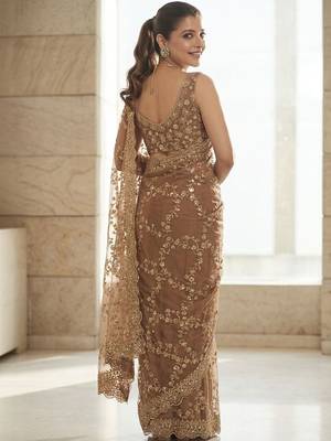 Beige embellished beads & stones satin saree 3