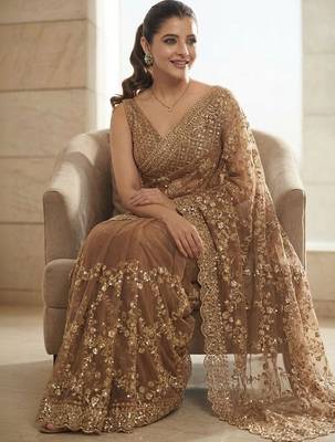 Beige embellished beads & stones satin saree 4