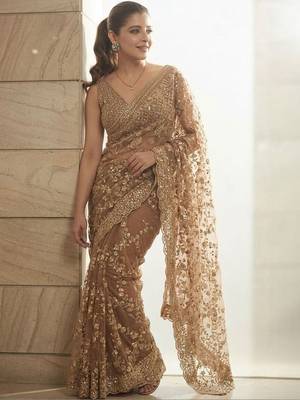 Beige embellished beads & stones satin saree 5