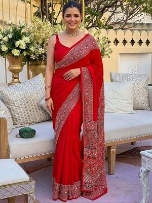 Red ethnic motifs mirror work saree 1