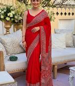 Red ethnic motifs mirror work saree
