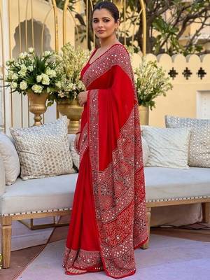 Red ethnic motifs mirror work saree 2