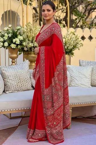 Red ethnic motifs mirror work saree