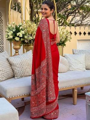 Red ethnic motifs mirror work saree 3
