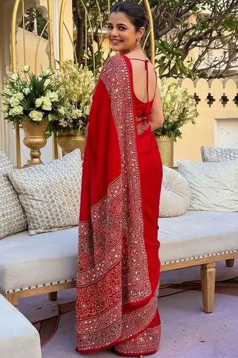 Red ethnic motifs mirror work saree