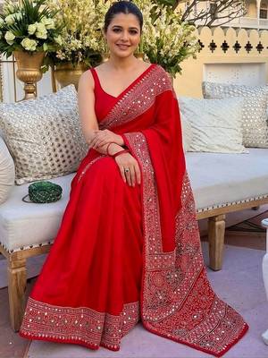 Red ethnic motifs mirror work saree 4