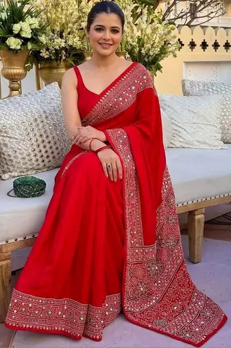 Red ethnic motifs mirror work saree