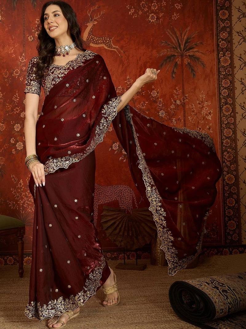 Maroon floral embroidered tissue heavy work saree
