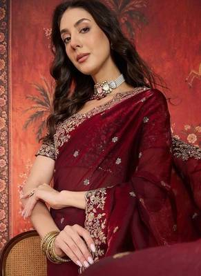 Maroon floral embroidered tissue heavy work saree 2