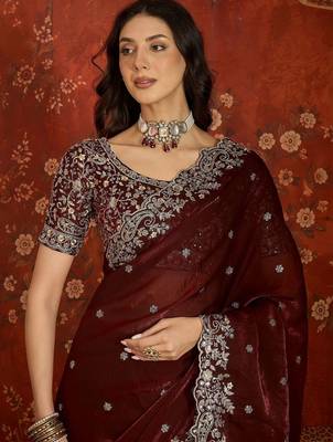 Maroon floral embroidered tissue heavy work saree 4