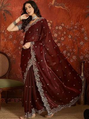 Maroon floral embroidered tissue heavy work saree 5
