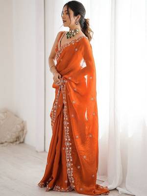 Orange embroidered saree with unstitched blouse piece 1