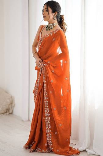 Orange embroidered saree with unstitched blouse piece