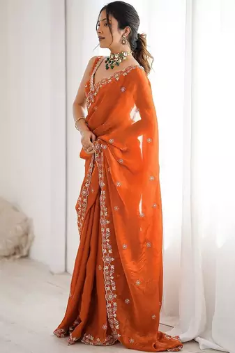 Orange embroidered saree with unstitched blouse piece