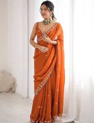 Orange embroidered saree with unstitched blouse piece 2