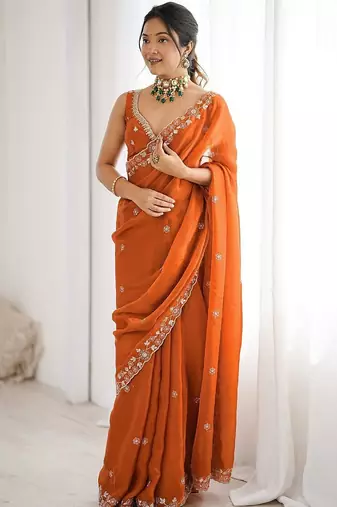 Orange embroidered saree with unstitched blouse piece