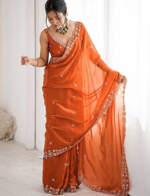 Orange embroidered saree with unstitched blouse piece 3