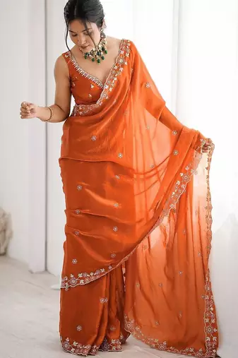 Orange embroidered saree with unstitched blouse piece