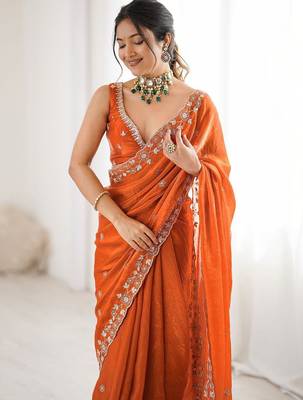Orange embroidered saree with unstitched blouse piece 4