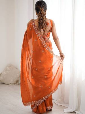 Orange embroidered saree with unstitched blouse piece 5