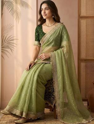 Lime embellished gotta patti  chiffon heavy work saree 1