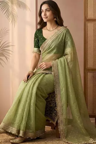 Lime embellished gotta patti  chiffon heavy work saree