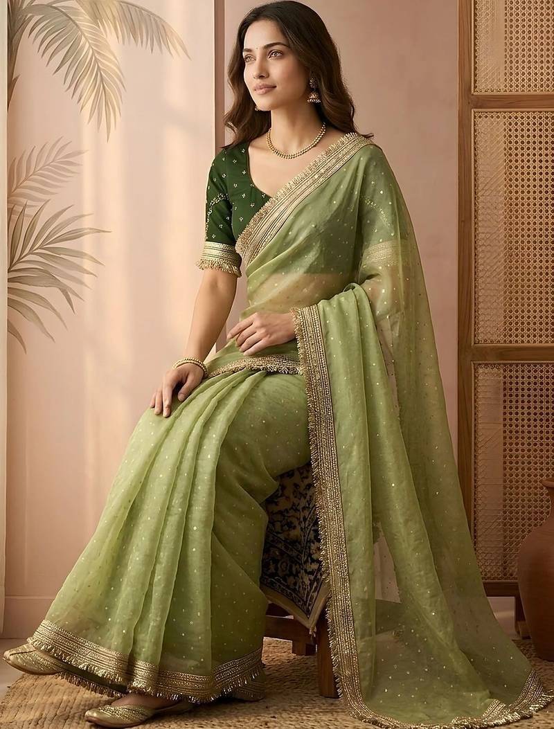 Lime embellished gotta patti  chiffon heavy work saree