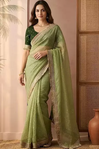 Lime embellished gotta patti  chiffon heavy work saree