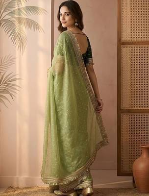 Lime embellished gotta patti  chiffon heavy work saree 3