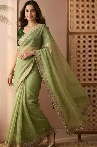 Lime embellished gotta patti  chiffon heavy work saree