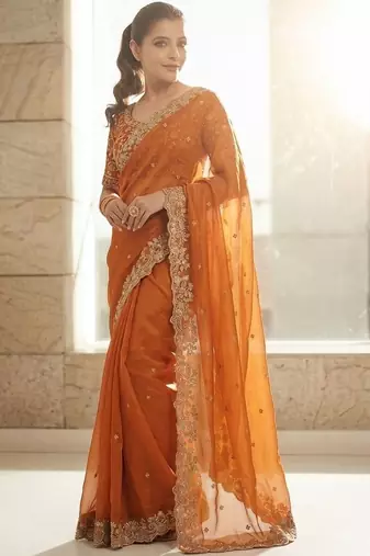 Rust embroidered sarees blouse piece