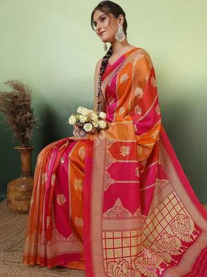 Pink woven design zari saree with unstitched blouse 1