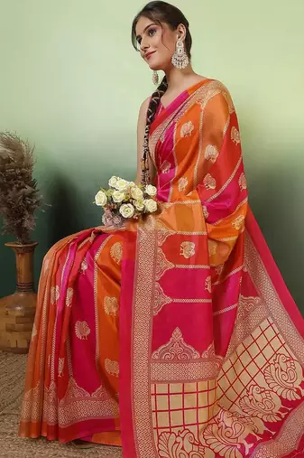 Pink woven design zari saree with unstitched blouse