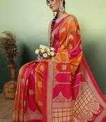 Pink woven design zari saree with unstitched blouse