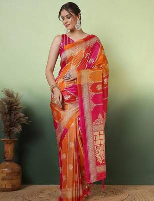 Pink woven design zari saree with unstitched blouse 2