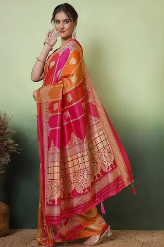 Pink woven design zari saree with unstitched blouse