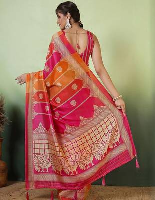 Pink woven design zari saree with unstitched blouse 4